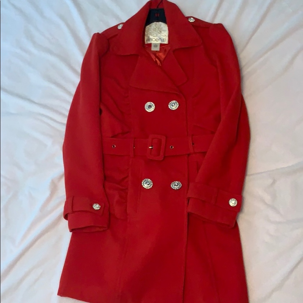 Arden B Red belted Coat with stone buttons